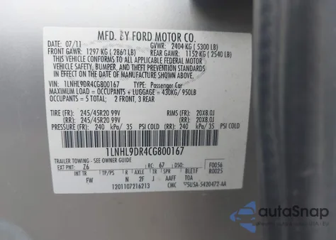 2012 Lincoln Mks from USA, damaged, VIN 1LNHL9DR4CG800167